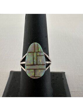 Signed EJ Native American Sterling Silver Opal Inlay Ring Size 8
